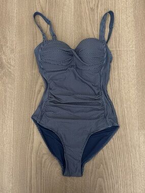 Navy blue one piece swimsuit with white polka dots size small